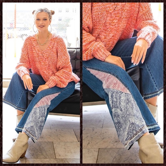 EASEL "I Got A Feeling" Bell Bottom Denim Pant W/Contrast Patchwork At The Sides - Picture 5 of 16